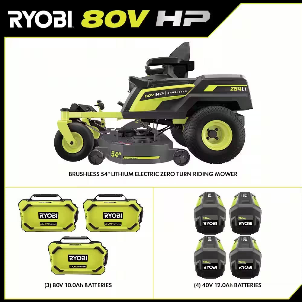 80V HP Brushless 54 In. Battery Electric Cordless Zero Turn Riding Mower (3) 80V Batteries (4) 40V Batteries and Charger