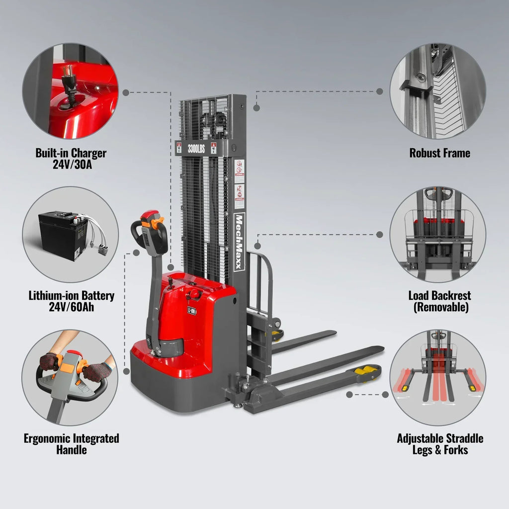 3300lbs Lithium-ion Electric Straddle Stacker, 98" Lift, Adjustable Legs & Forks, F33-98S