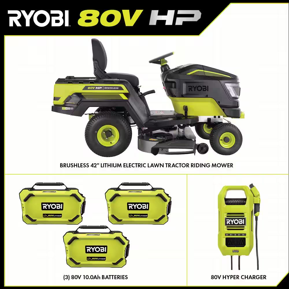 80V HP Brushless 42 In. Battery Electric Cordless Riding Lawn Tractor with (3) 80V 10Ah Batteries and Charger